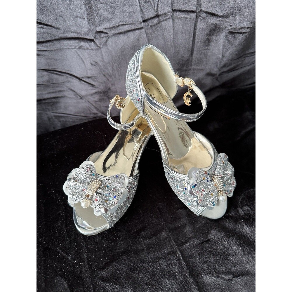 Jiaduowang Girls Open Toe 1” Heel Silver Glitter Embellished Shoe Size 4